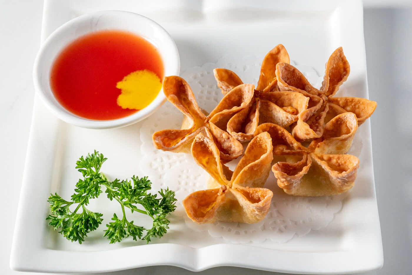 Crab Cheese Wonton crispy appetizer with sweet chili sauce - East Moon Centennial CO